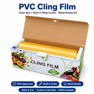 فيلم التشبث الغذائي PVC مع صندوق القطع | غلاف بلاستيكي للمطبخ خالٍ من مادة BPA بنسبة 100% للحفاظ على الطعام طازجًا